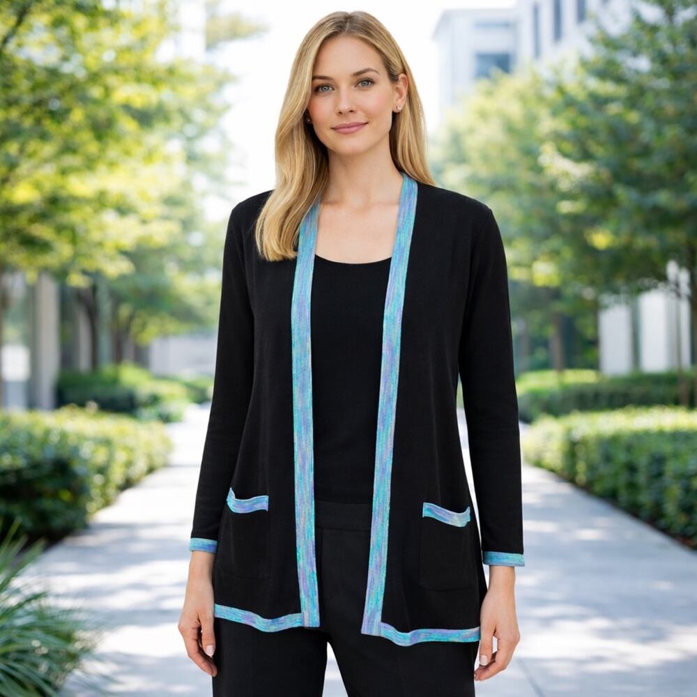 Exclusively Misook Open Front Cardigan Black Knit Turquoise Trim Size S Korea